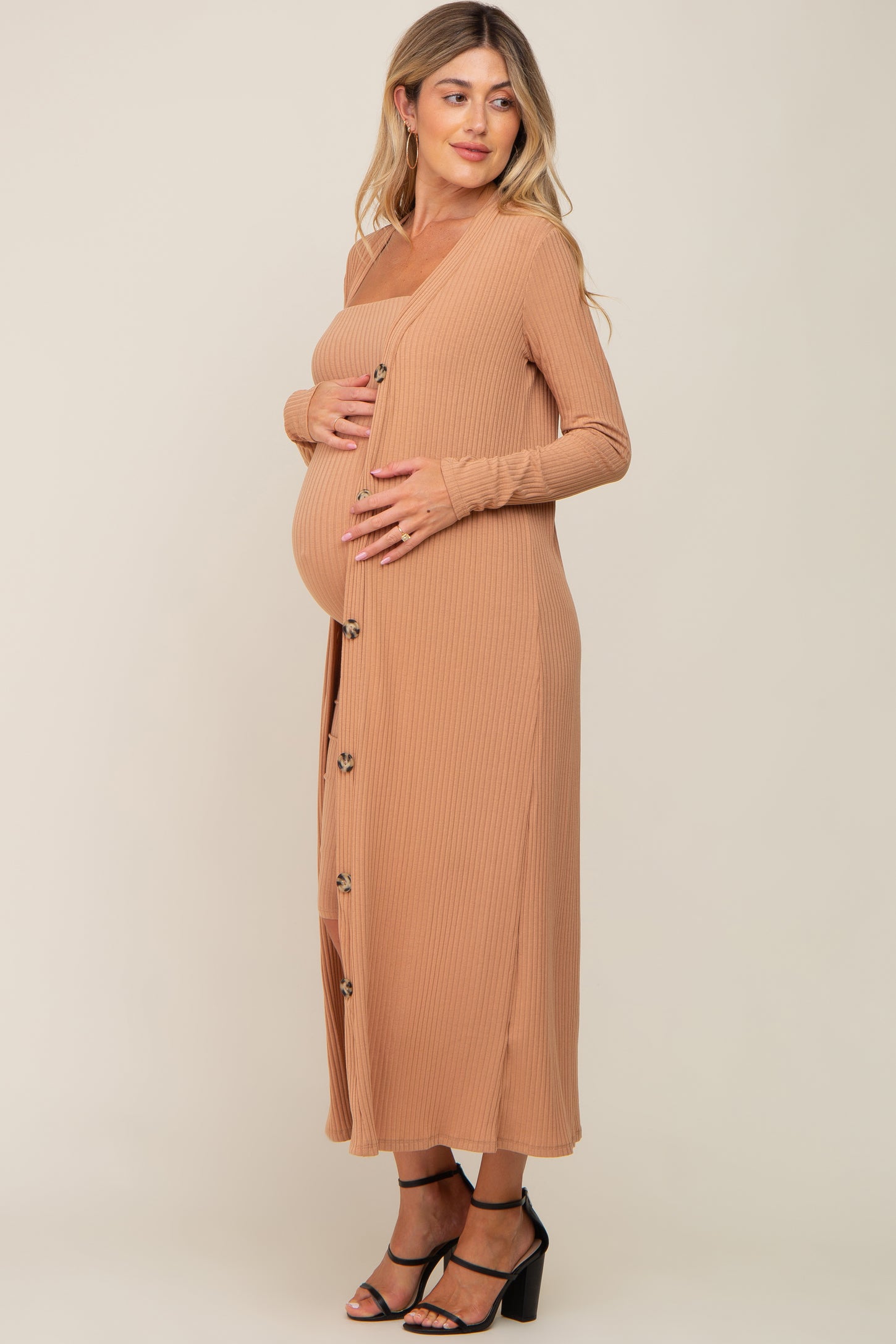 Camel Ribbed Maternity Dress Set