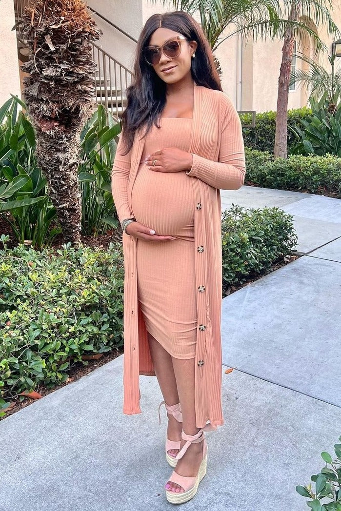 Camel Ribbed Maternity Dress Set