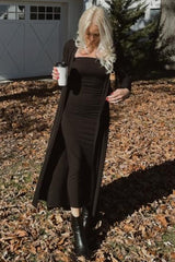 Black Ribbed Sleeveless Dress Cardigan Set