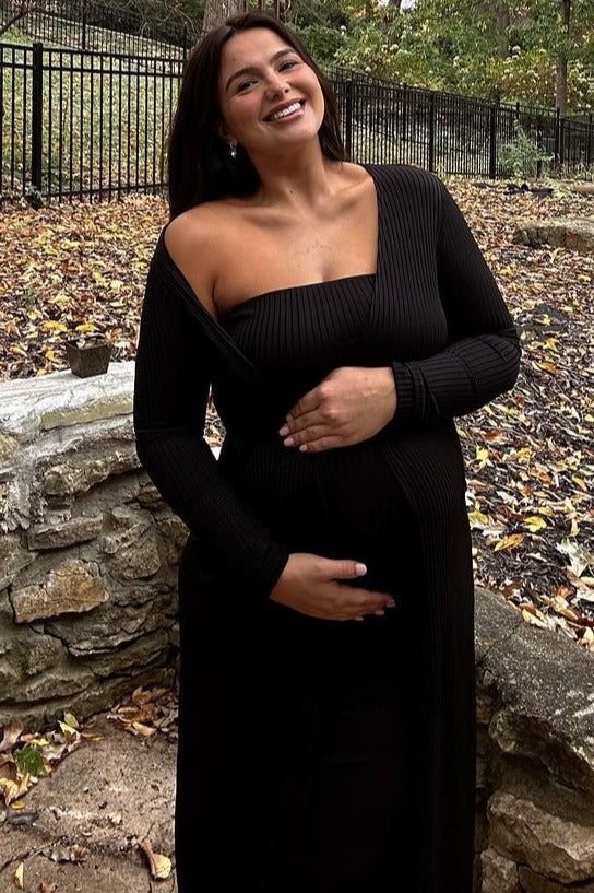 Black Ribbed Sleeveless Dress Cardigan Maternity Set