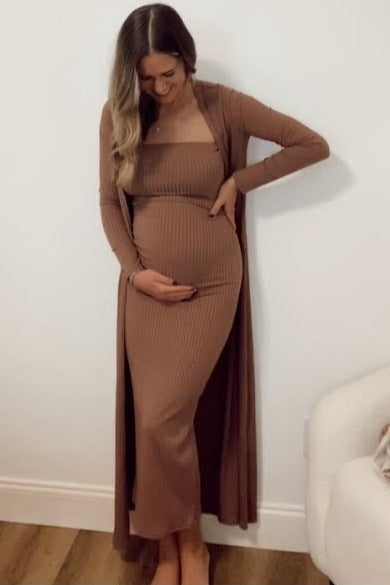 Mocha Ribbed Sleeveless Dress Cardigan Maternity Set