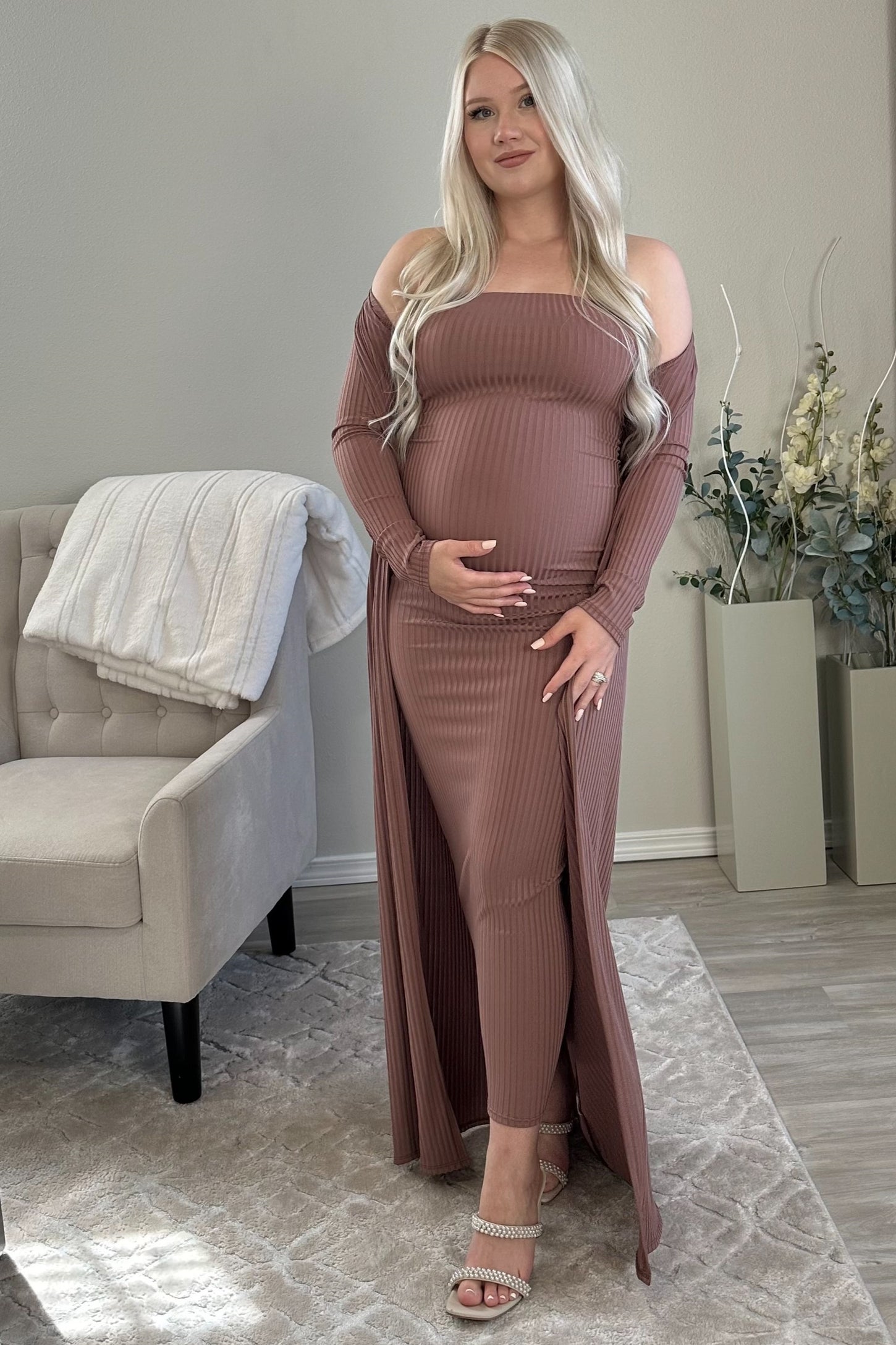 Mocha Ribbed Sleeveless Dress Cardigan Maternity Set