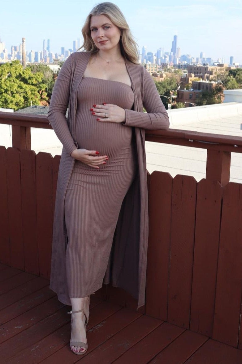Mocha Ribbed Sleeveless Dress Cardigan Maternity Set