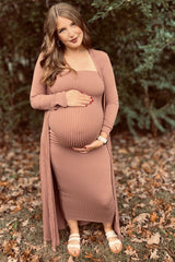 Mocha Ribbed Sleeveless Dress Cardigan Maternity Set