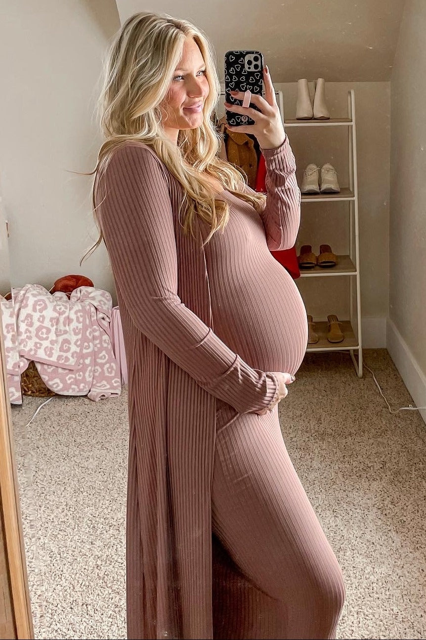 Mocha Ribbed Sleeveless Dress Cardigan Maternity Set