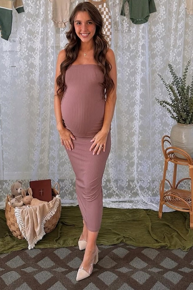 Mocha Ribbed Sleeveless Dress Cardigan Maternity Set