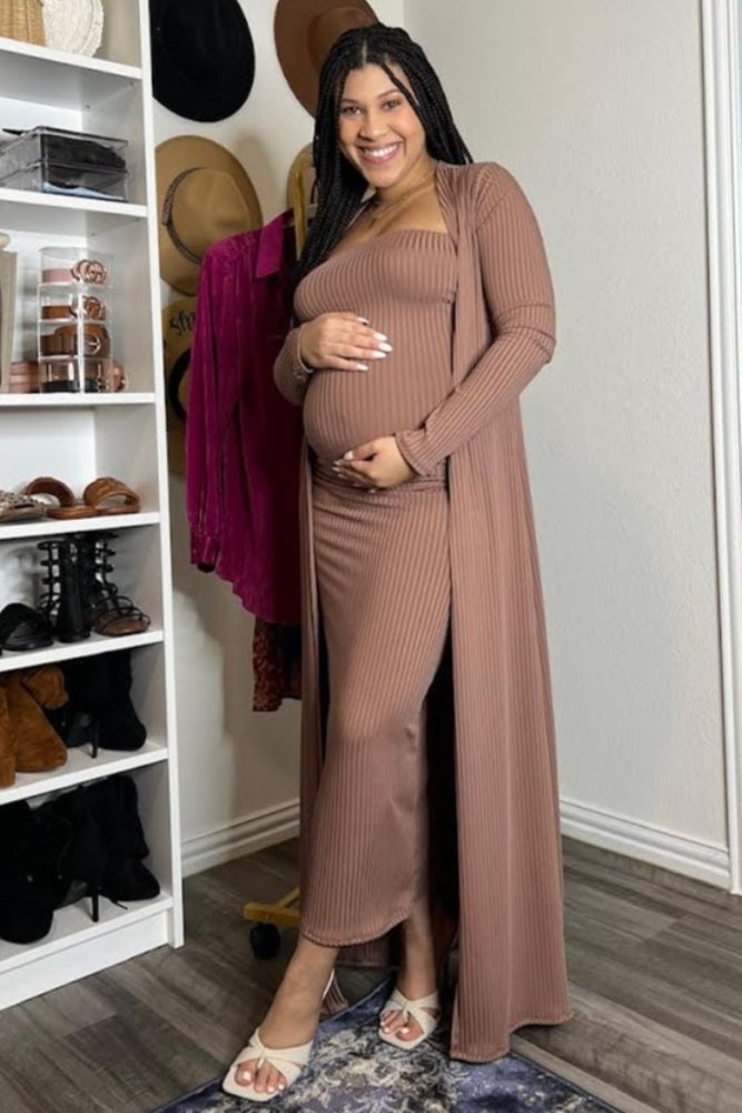 Mocha Ribbed Sleeveless Dress Cardigan Maternity Set