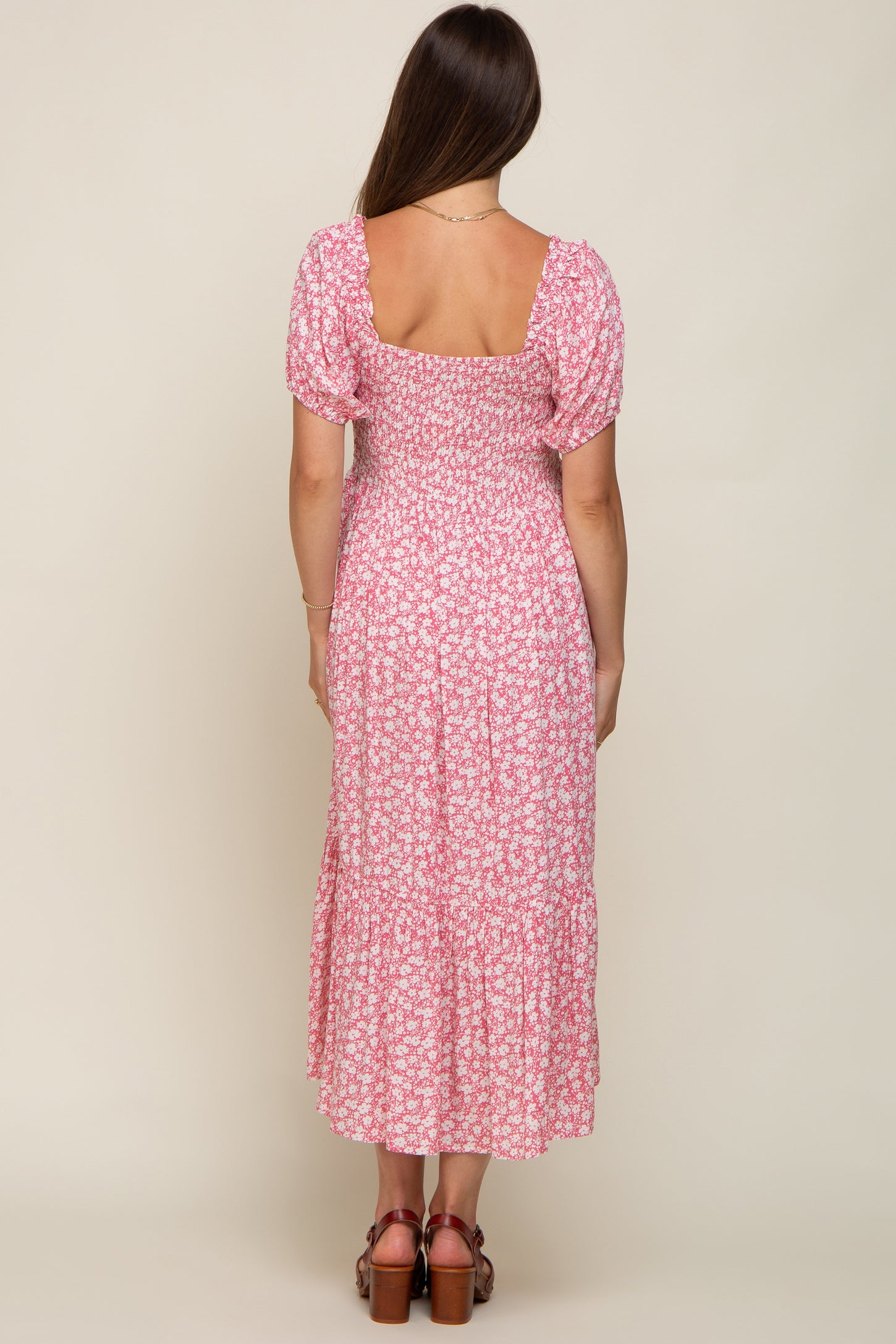 Pink Floral Smocked Short Sleeve Maternity Midi Dress