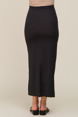 Black Ribbed Side Slit Maternity Midi Skirt