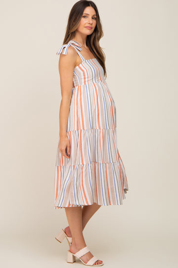 Rust Striped Shoulder Tie Tiered Maternity Midi Dress