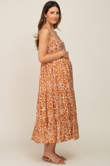 Rust Floral Tiered Maternity Midi Dress