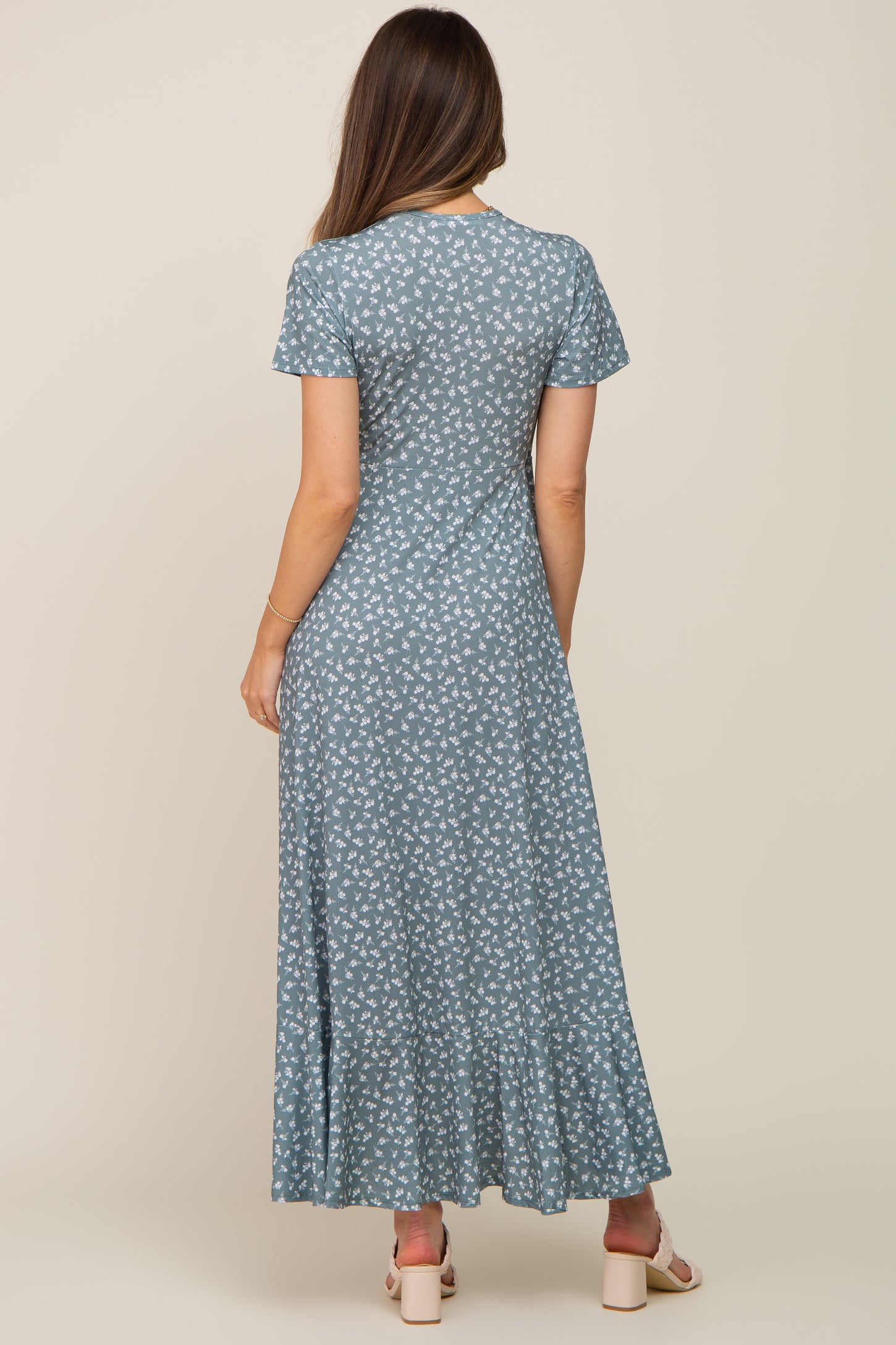 Light Olive Floral Wrap Front V-Neck Short Sleeve Maternity Midi Dress