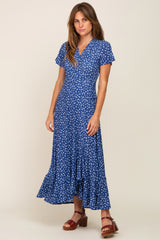 Navy Blue Floral Wrap Front V-Neck Short Sleeve Maternity Midi Dress