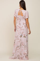 Light Pink Floral Chiffon Smocked Short Sleeve Maternity Maxi Dress