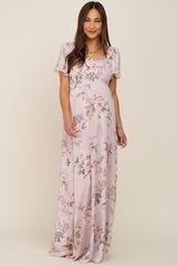Light Pink Floral Chiffon Smocked Short Sleeve Maternity Maxi Dress