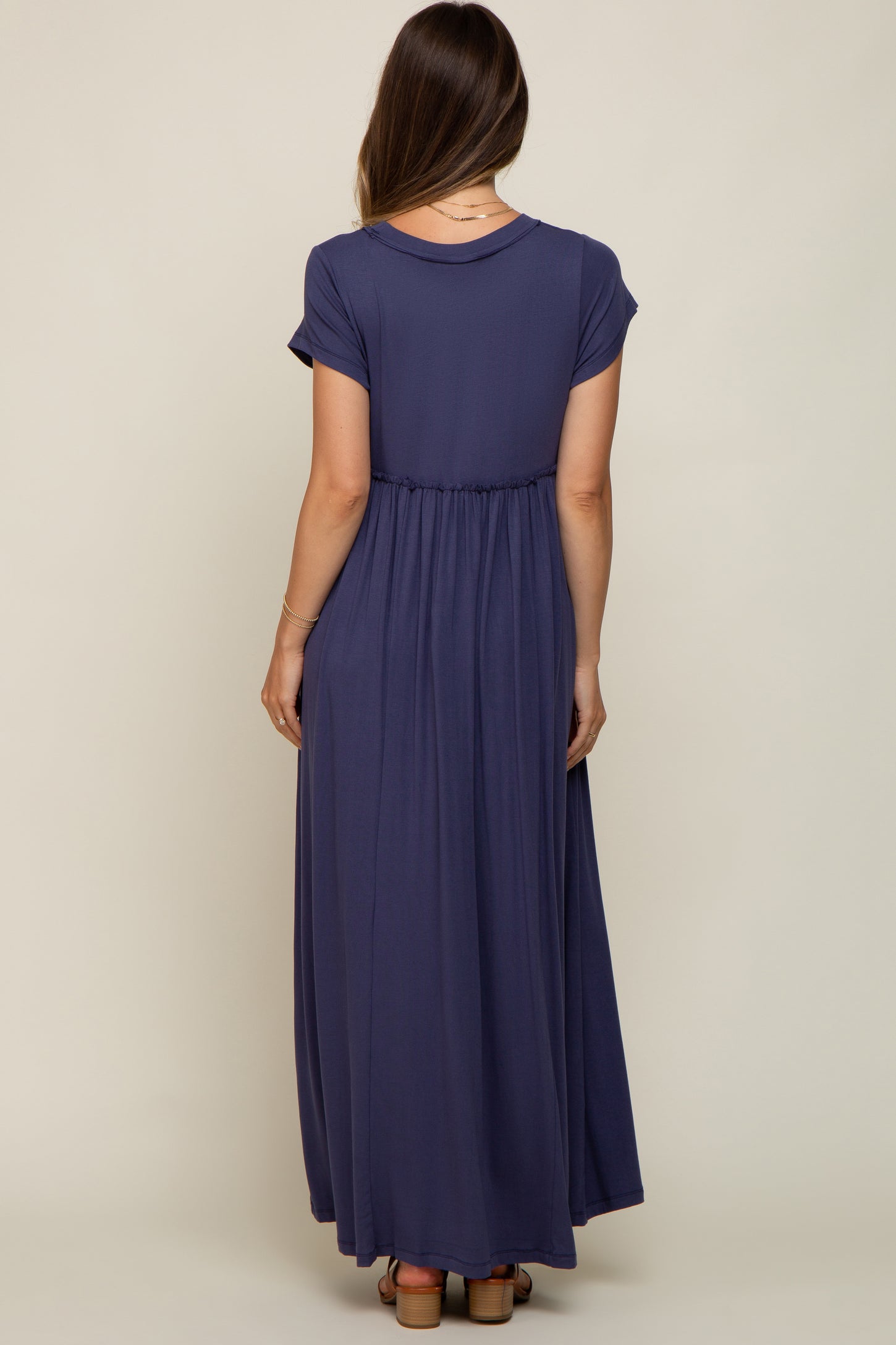 Navy Short Sleeve Pocketed Maternity Maxi Dress
