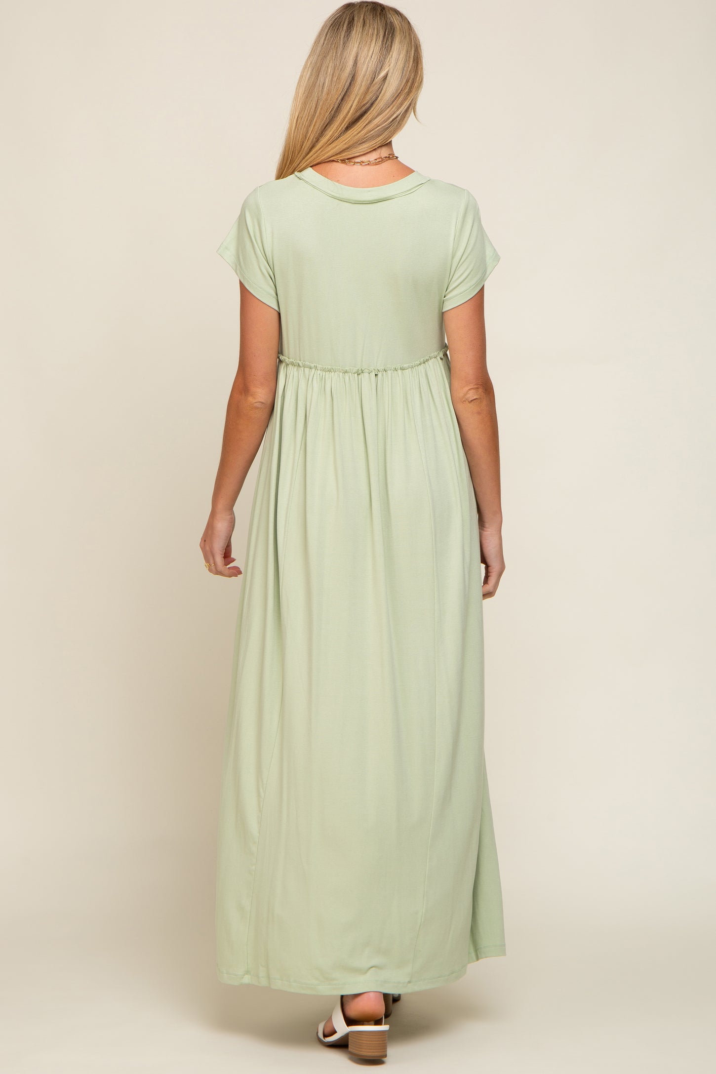 Light Olive Short Sleeve Pocketed Maternity Maxi Dress