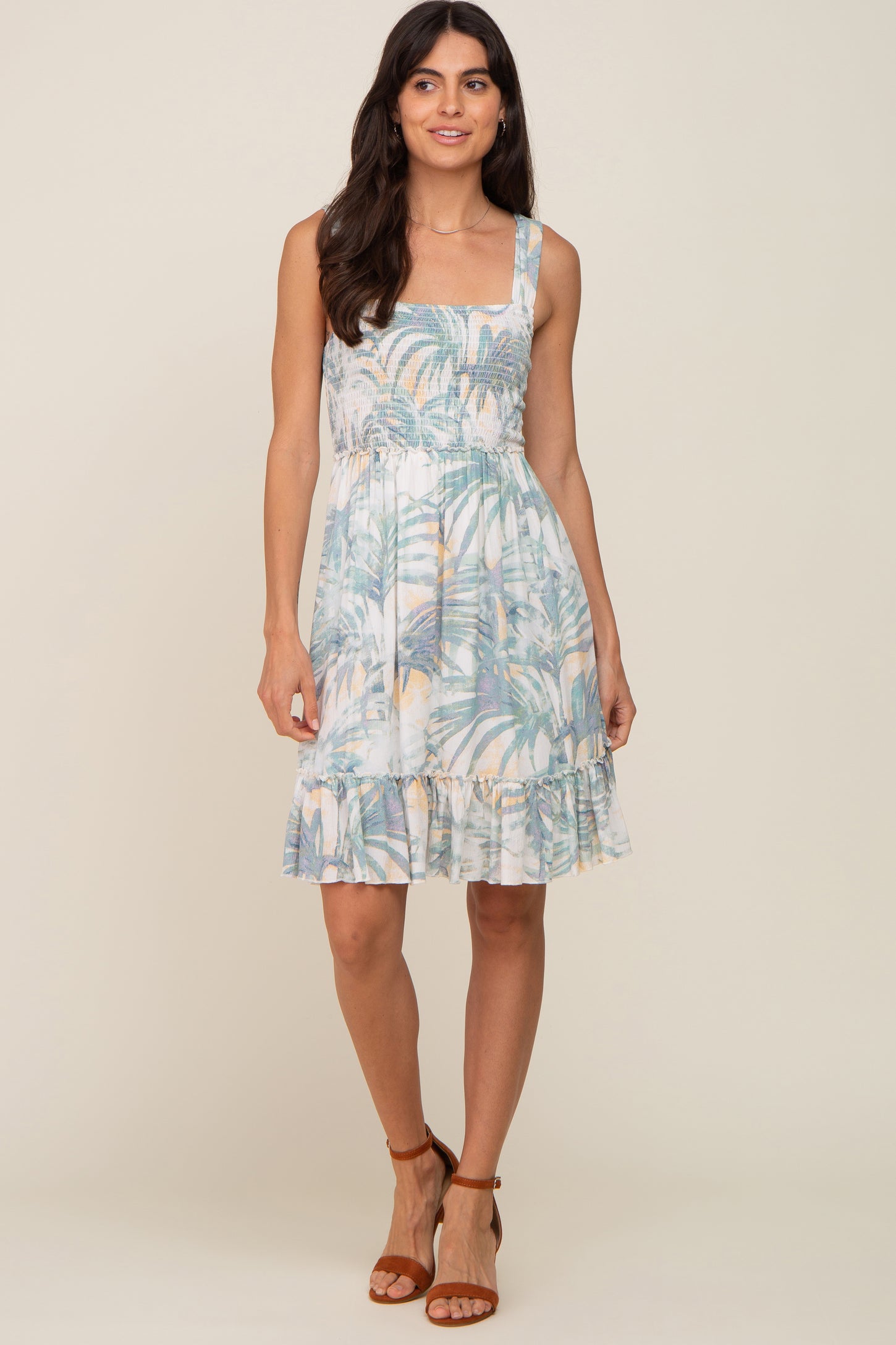 Mint Green Leaf Print Smocked Dress