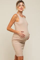 Beige Sleeveless Fitted Maternity Dress