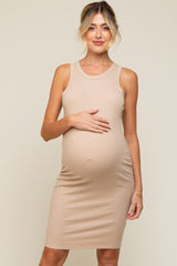 Beige Sleeveless Fitted Maternity Dress