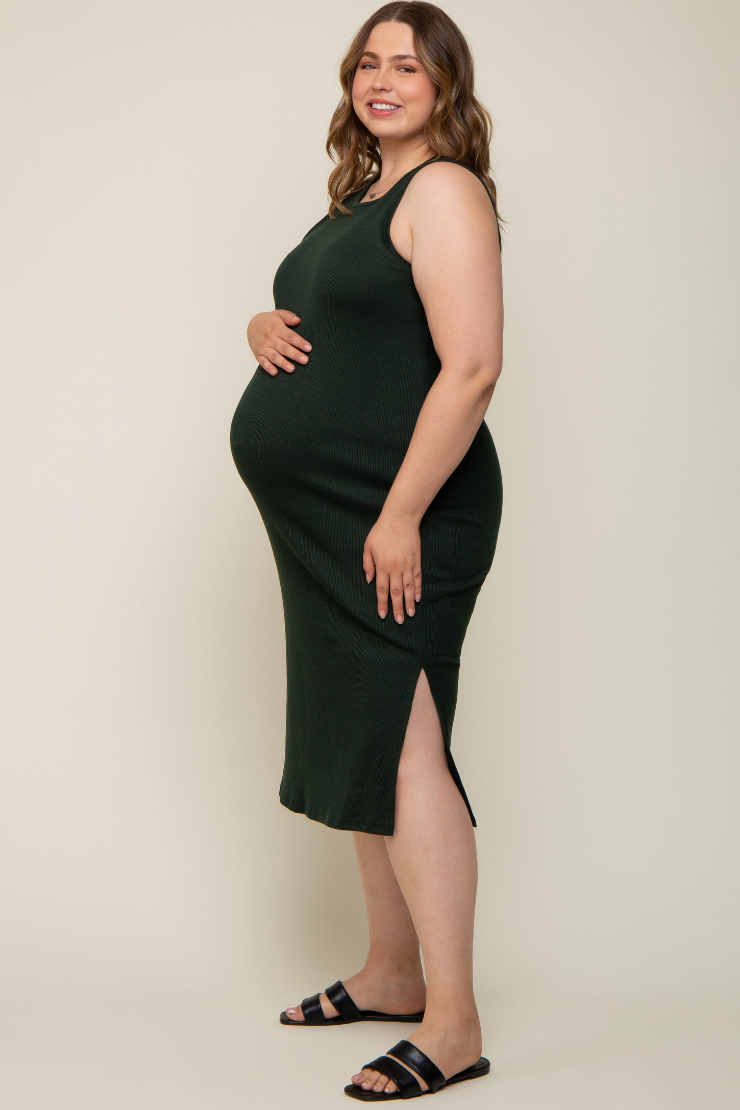 Forest Green Basic Ribbed Side Slit Maternity Plus Midi Dress