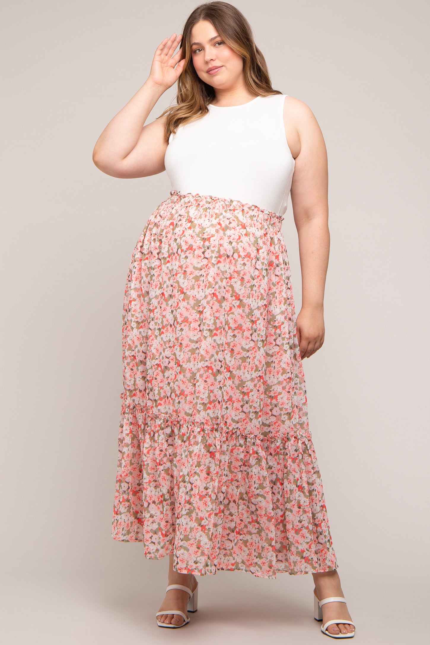 Pink Smocked Waist Tiered Maternity Plus Maxi Skirt