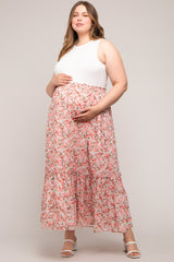 Pink Smocked Waist Tiered Maternity Plus Maxi Skirt