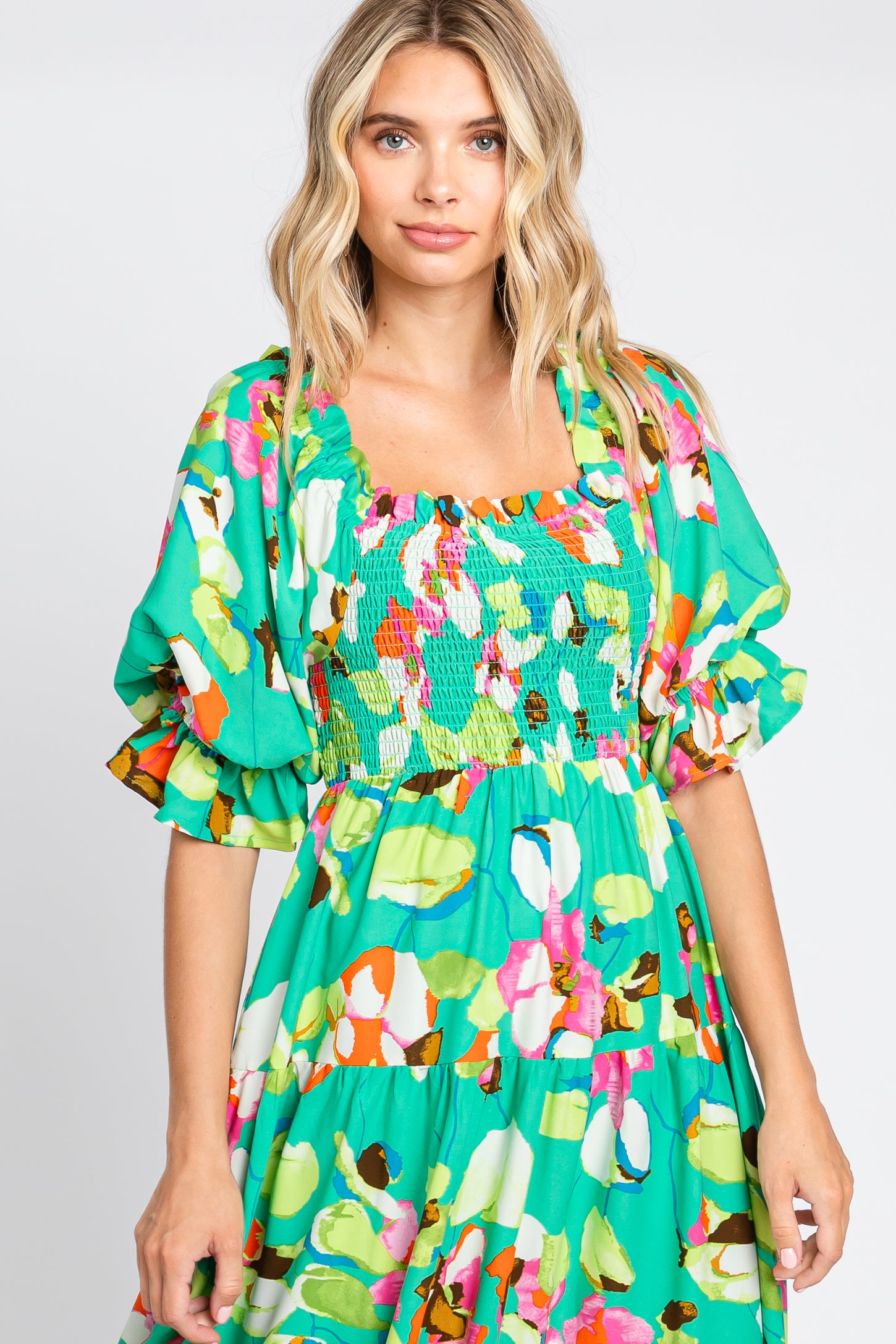 Green Floral Puff Sleeve Midi Dress