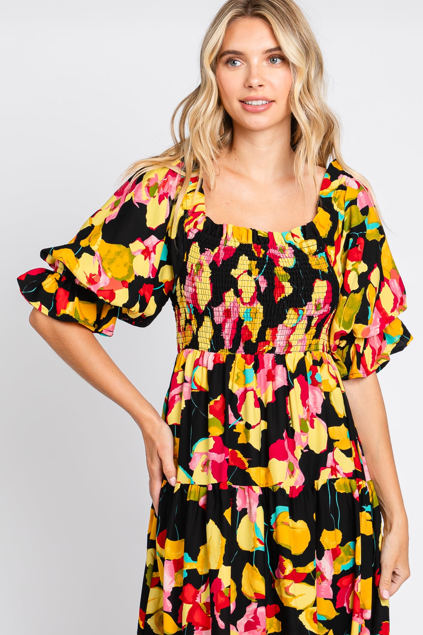 Black Floral Puff Sleeve Midi Dress