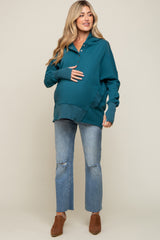 Teal Button Front Ribbed Trim Maternity Hooded Sweatshirt