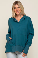 Teal Button Front Ribbed Trim Maternity Hooded Sweatshirt