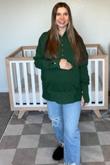 Forest Green Button Front Ribbed Trim Maternity Hooded Sweatshirt