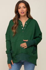 Forest Green Button Front Ribbed Trim Maternity Hooded Sweatshirt