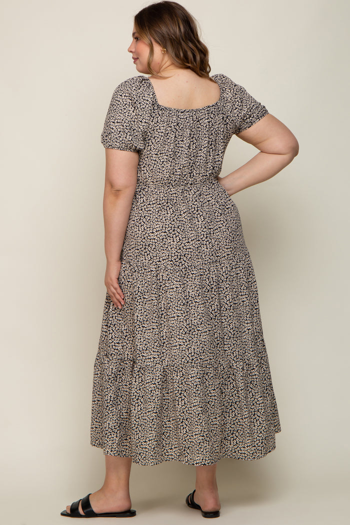 Black Floral Puff Sleeve Maternity Plus Maxi Dress