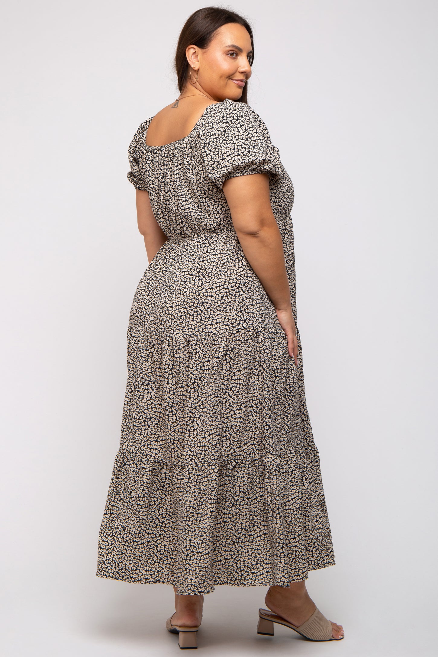 Black Floral Puff Sleeve Plus Maxi Dress