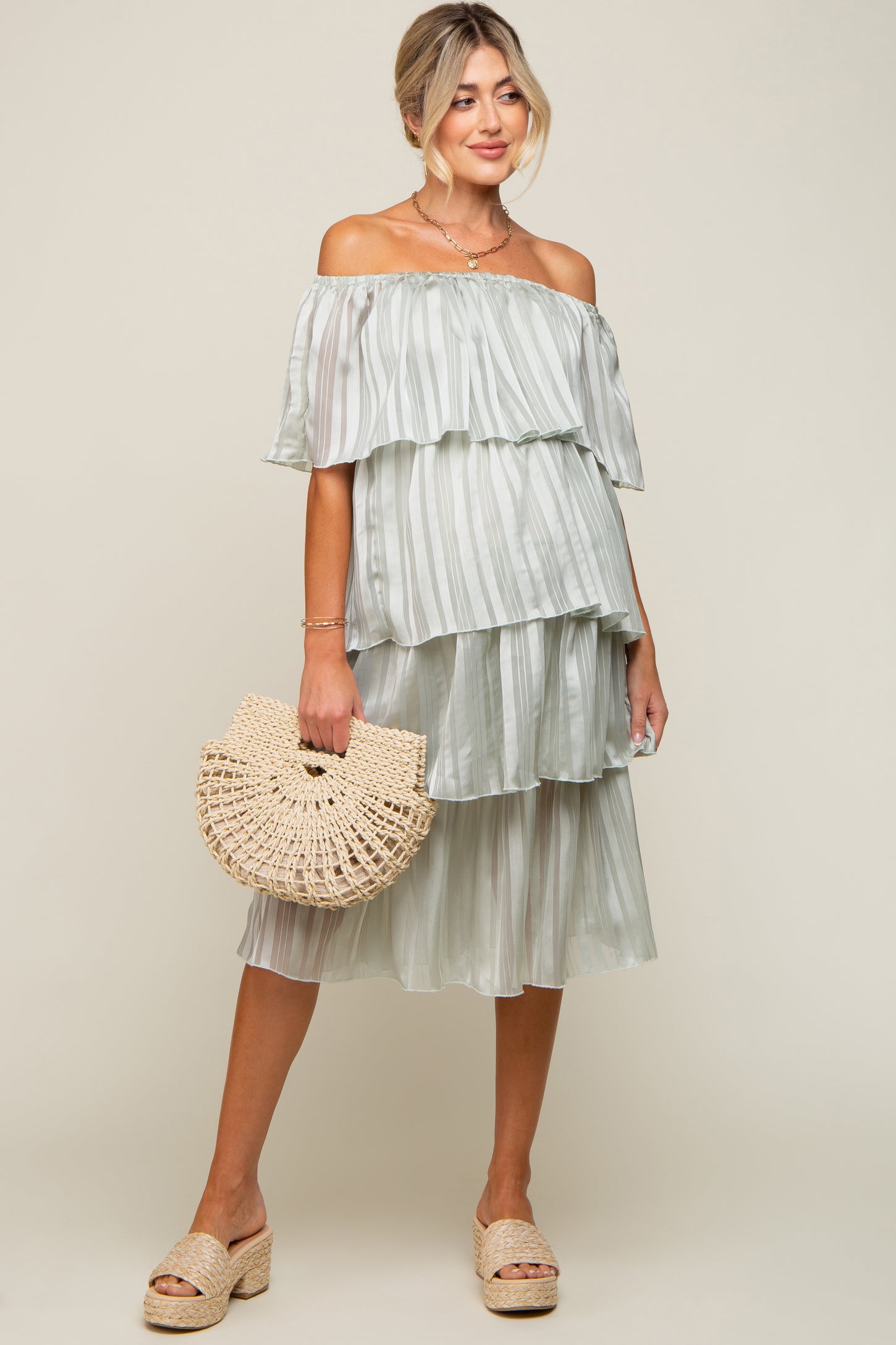 Light Mint Green Striped Layered Maternity Midi Dress