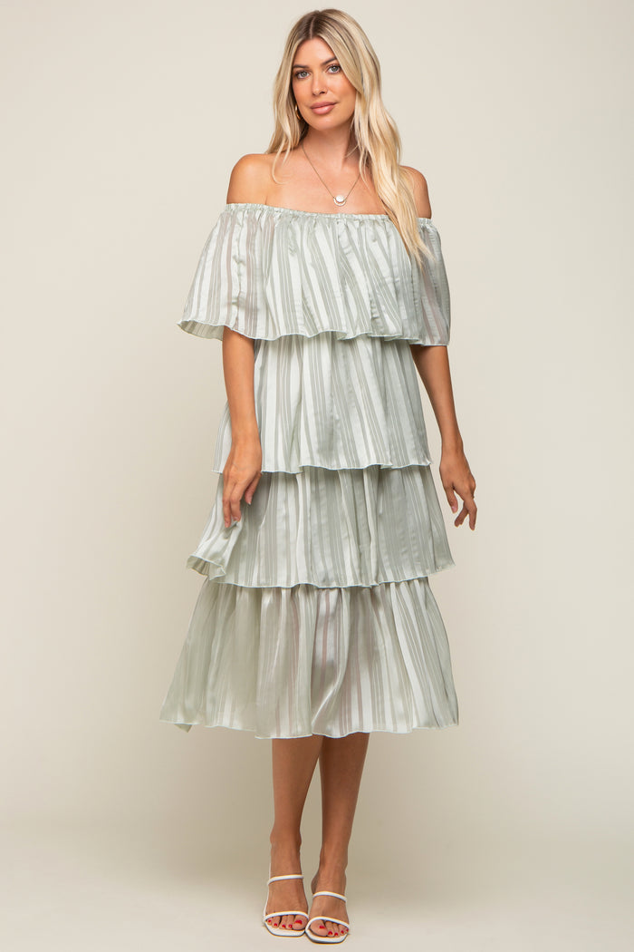 Light Mint Green Striped Layered Maternity Midi Dress