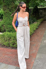 Beige Front Tie Crop Top and Pant Maternity Set