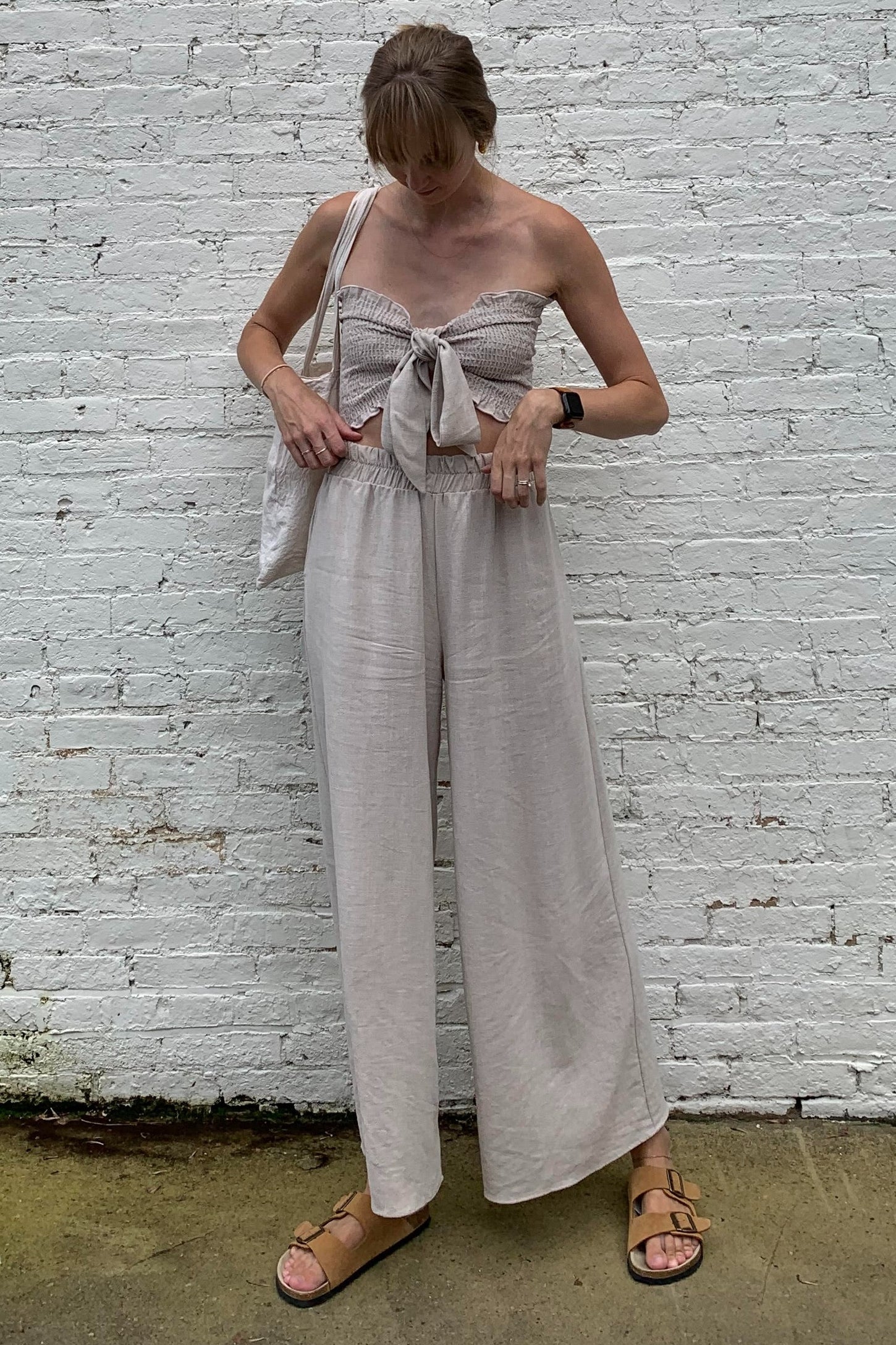 Beige Front Tie Crop Top and Pant Set