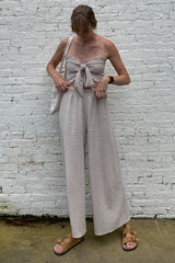 Beige Front Tie Crop Top and Pant Set