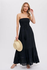 Black Smocked Strapless Front Tie Maternity Maxi Dress
