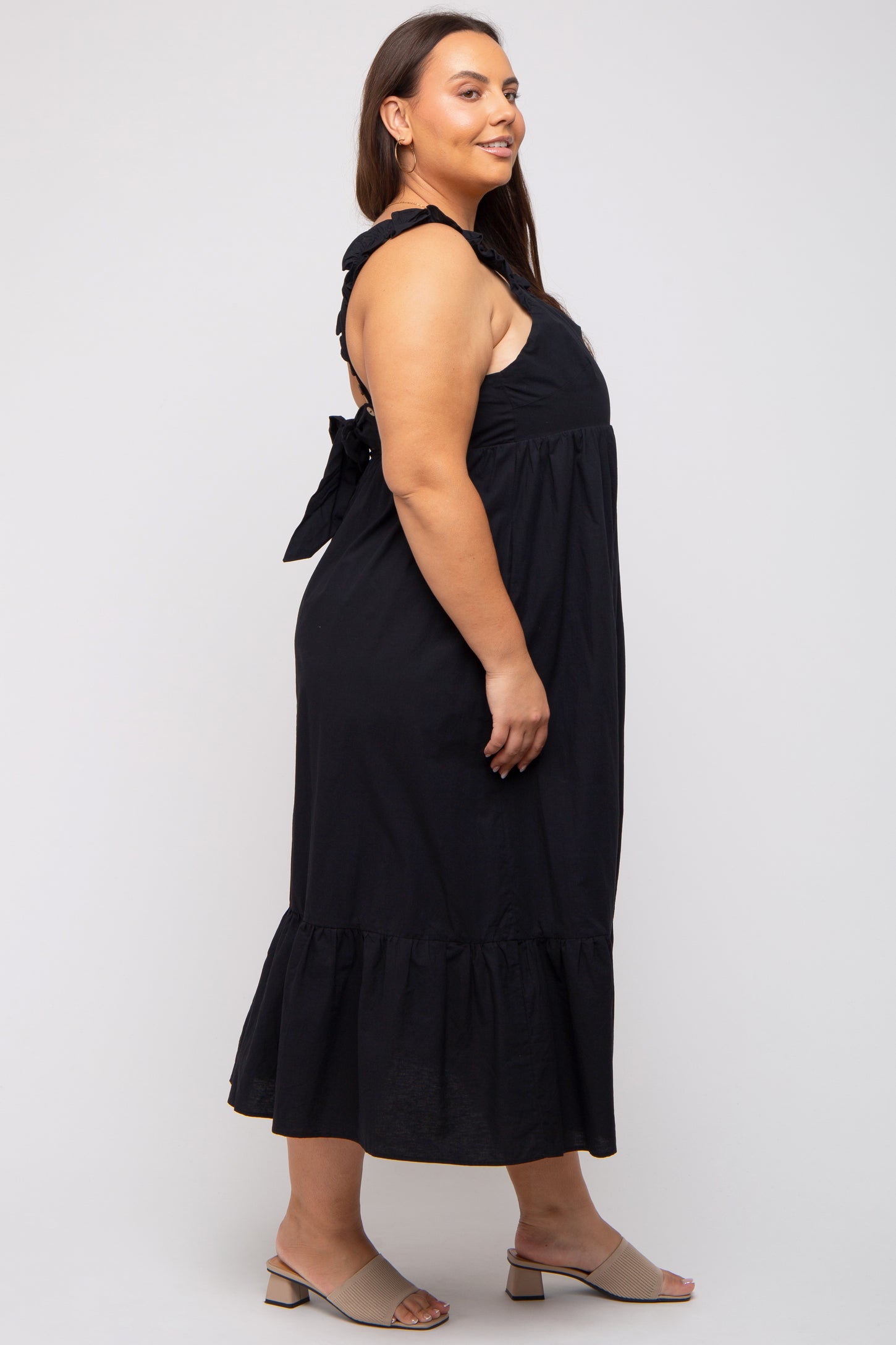 Black Ruffle Strap Back Tie Plus Midi Dress