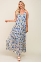 Blue Floral Chiffon Sleeveless Maxi Dress