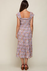 Light Pink Floral Off Shoulder Smocked Maternity Midi Dress