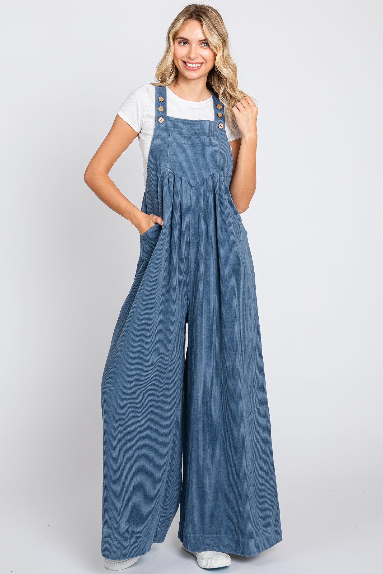 Blue Corduroy Front Pleated Wide Leg Maternity Overalls