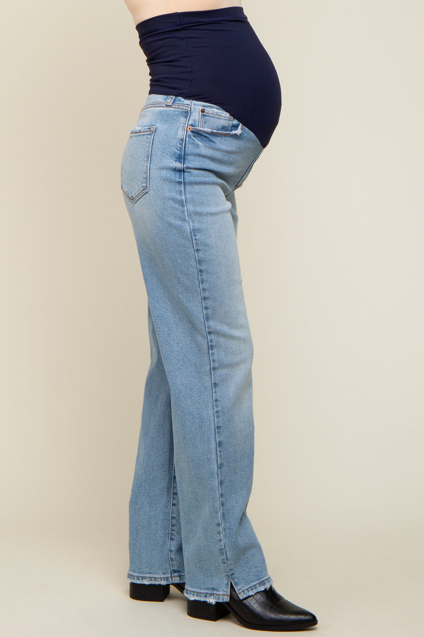 Light Blue Straight Leg Distressed Hem Maternity Jeans