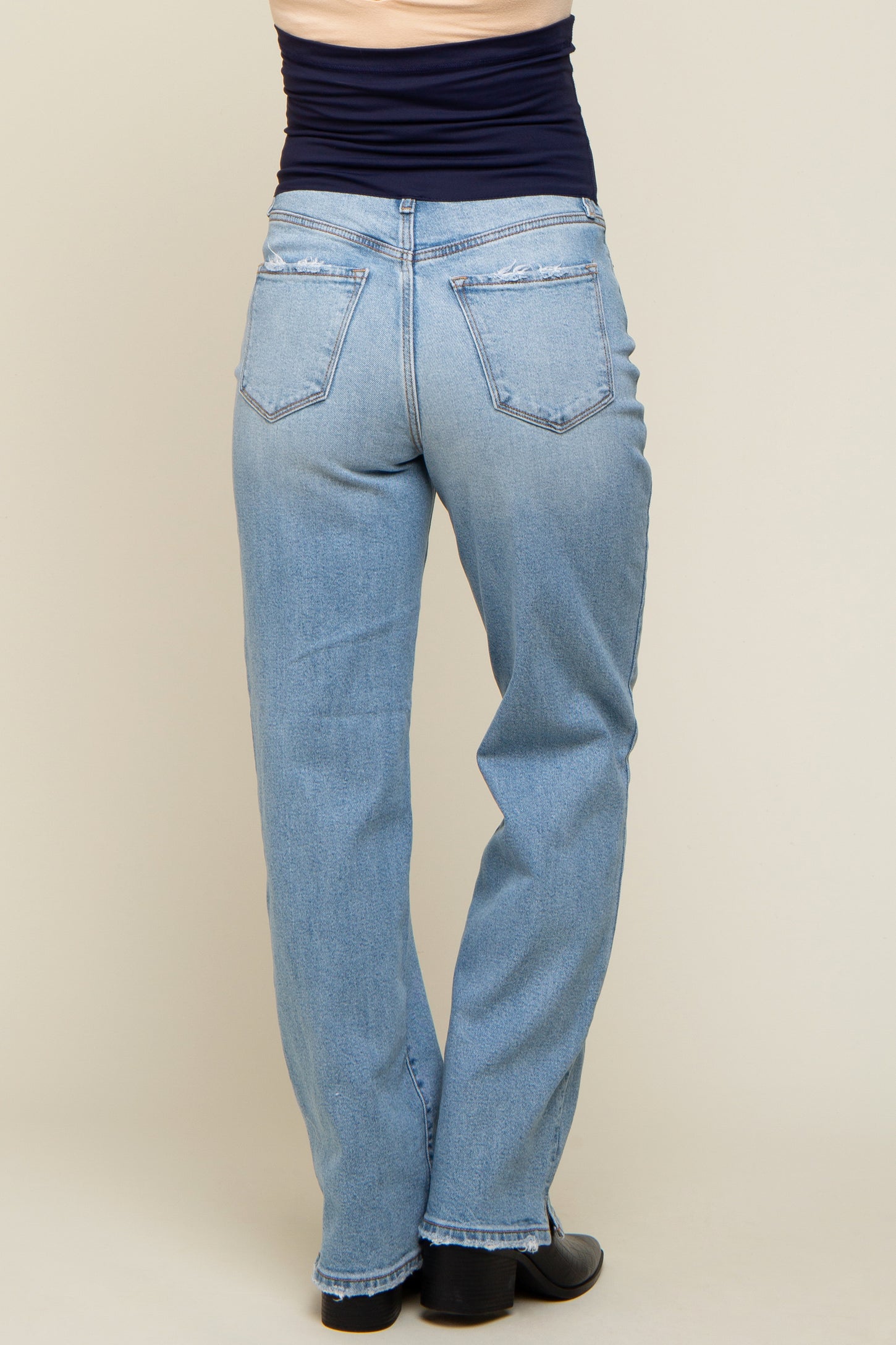 Light Blue Straight Leg Distressed Hem Maternity Jeans