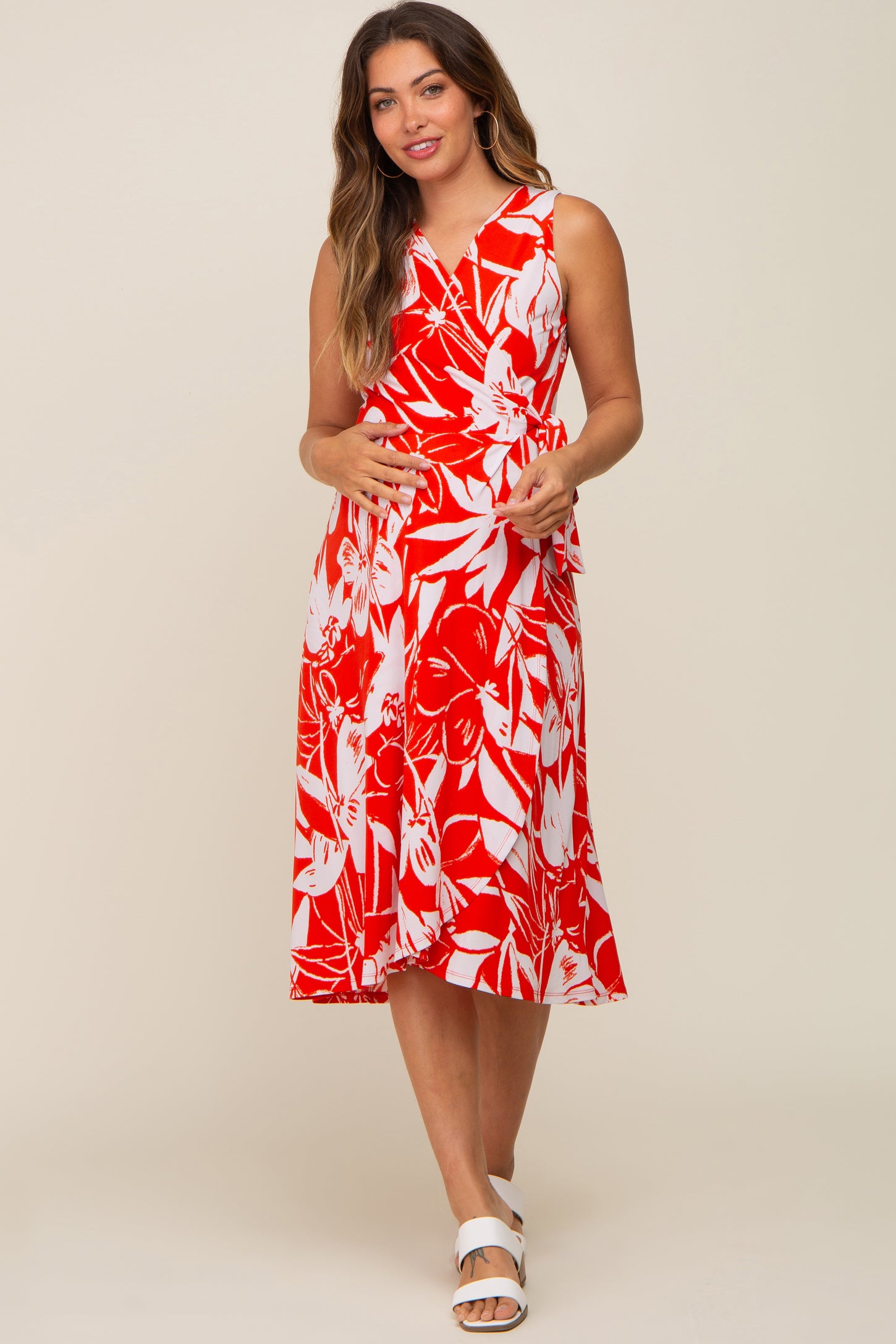 Red Flower Side Tie Maternity Wrap Dress