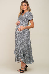 Black Floral Short Sleeve Maternity Wrap Maxi Dress