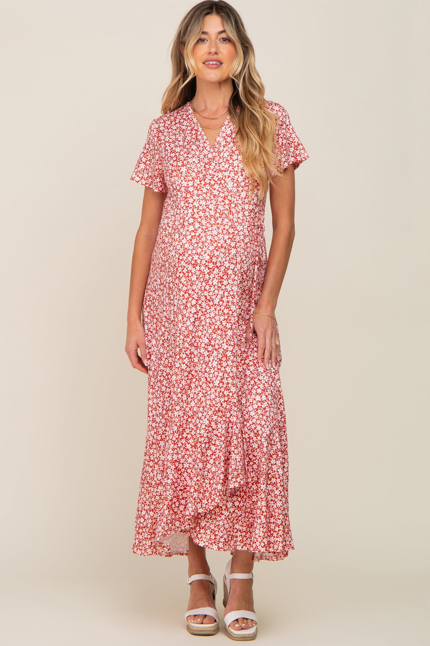 Red Floral Short Sleeve Maternity Wrap Maxi Dress